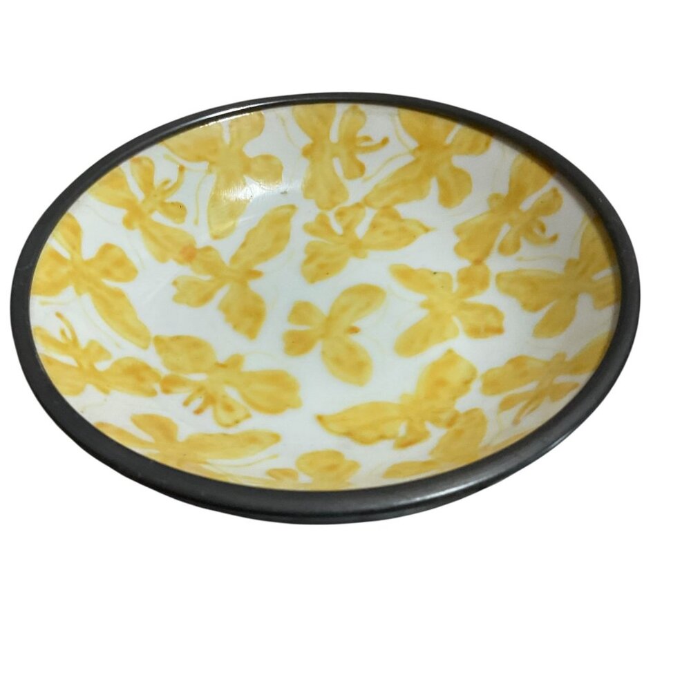 Vintage Japanese Porcelain Ware Hand-Painted Ceramic Bowl Butterflies Pewter Rim